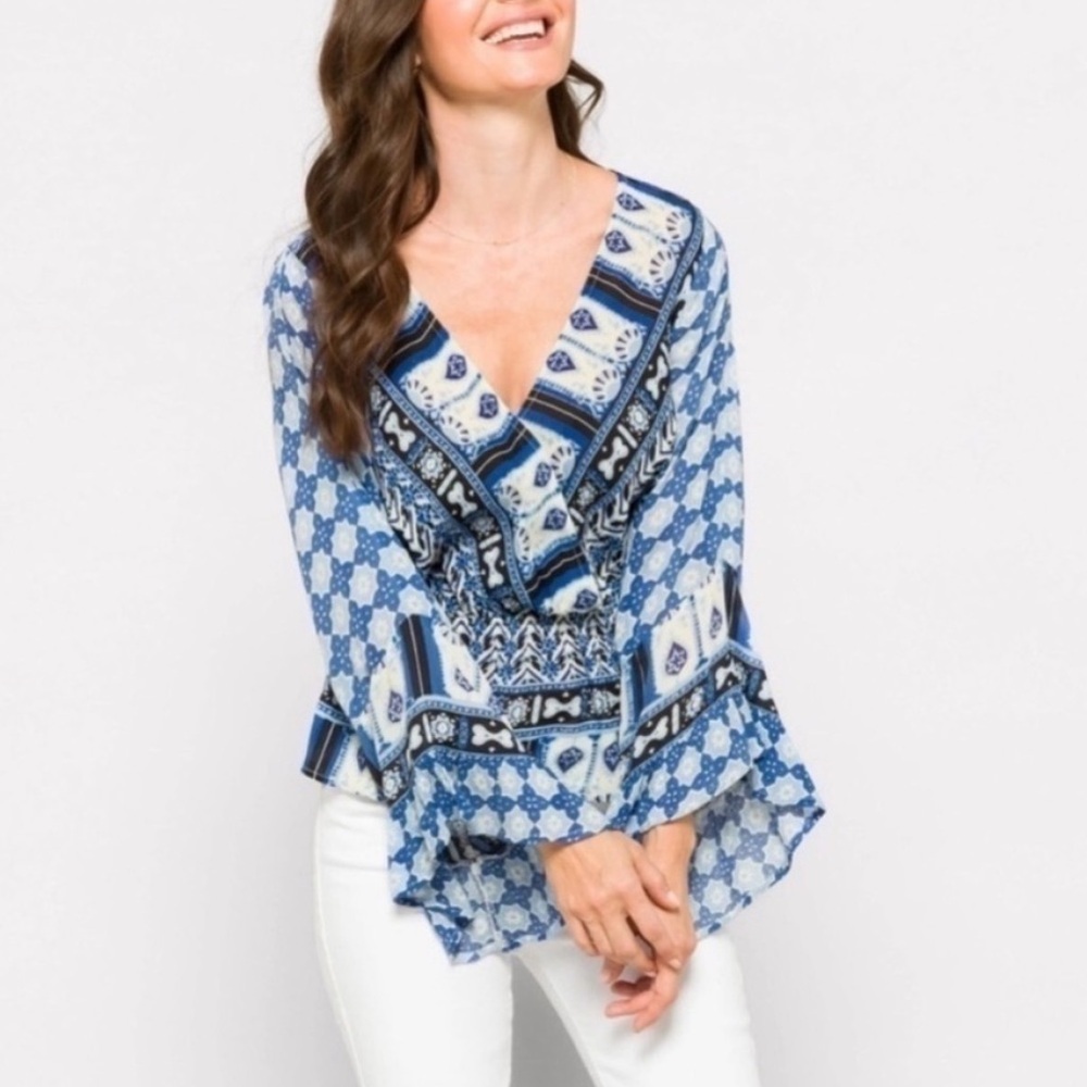 Free People Blue Patterned Wrap Blouse